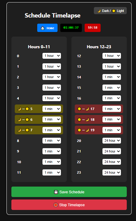 หน้าตั้งเวลา Schedule Timelapse ตั้งความถี่การถ่ายแยกได้ทุกชั่วโมงตลอด 24 ชั่วโมง